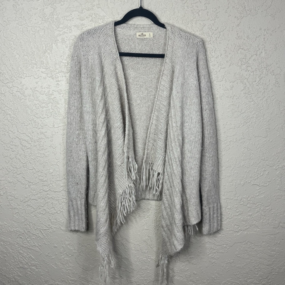 Womens Y2K Hollister Chunky Knit Cardigan With Fringe Size S Ivory Cottage Cozy